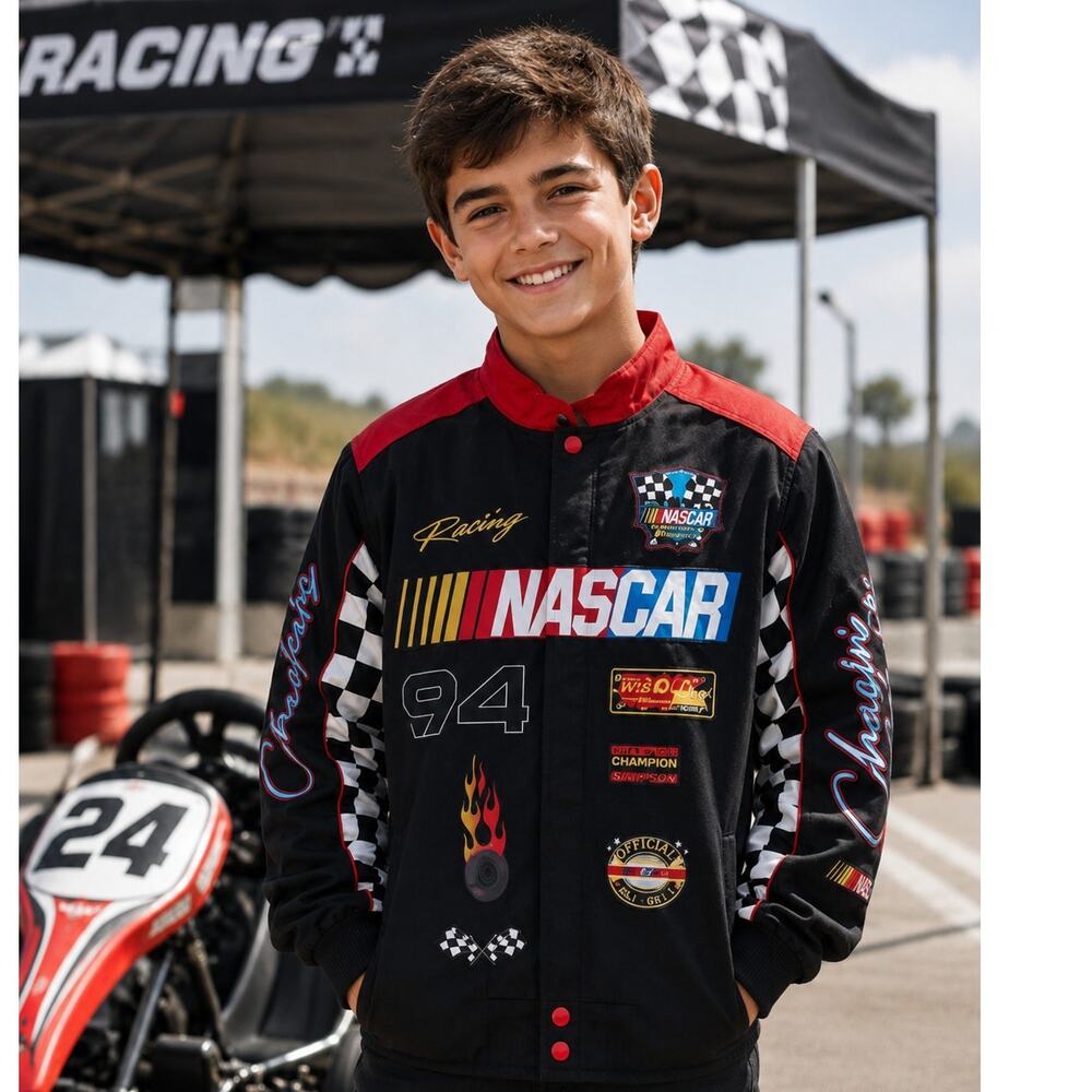 NASCAR Racing Boys 10/12 Black Red #94 Bomber Jacket Checkered Race Car